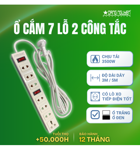Ổ Cắm Điện 7 Lỗ 2 Công Tắc - Trắng 