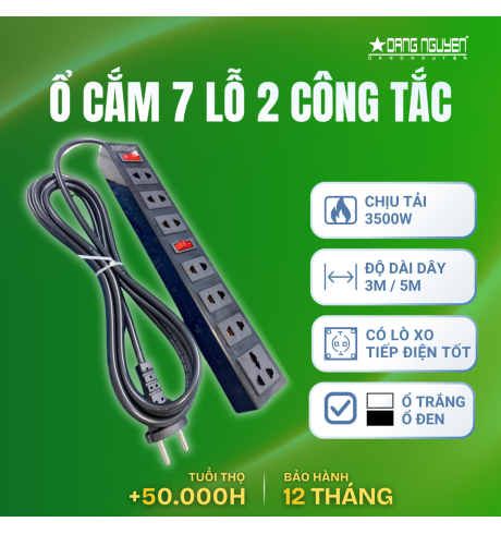 Ổ Cắm Điện 7 Lỗ 2 Công Tắc - Đen