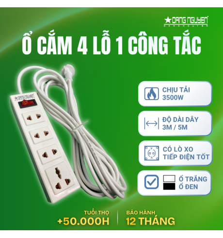 Ổ Cắm Điện 4 Lỗ 1 Công Tắc - Trắng