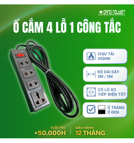 Ổ Cắm Điện 4 Lỗ 1 Công Tắc - Đen