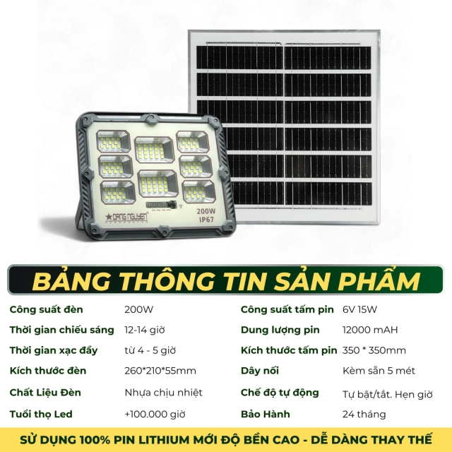 Đèn năng lượng mặt trời 200w NEW - Vỏ Nhựa 