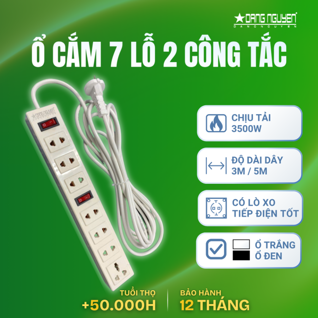 Ổ Cắm Điện 7 Lỗ 2 Công Tắc - Trắng 