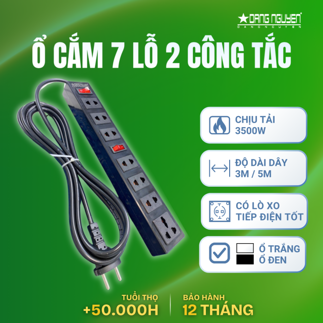 Ổ Cắm Điện 7 Lỗ 2 Công Tắc - Đen